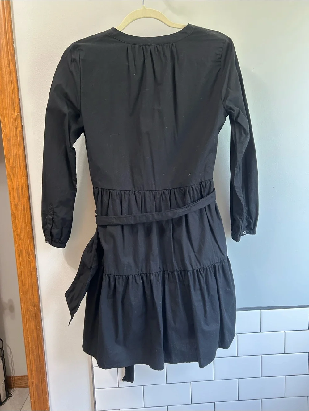 J. Crew Black Long Sleeve Tiered Shirt Dress with Waist Tie